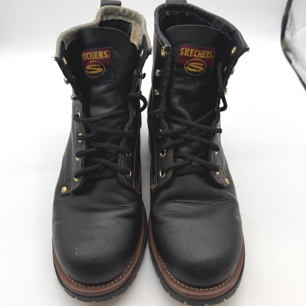 Skechers mens 9.5 Black Leather Combat Boots Punk Lug Sole 90s VTG y2 grunge